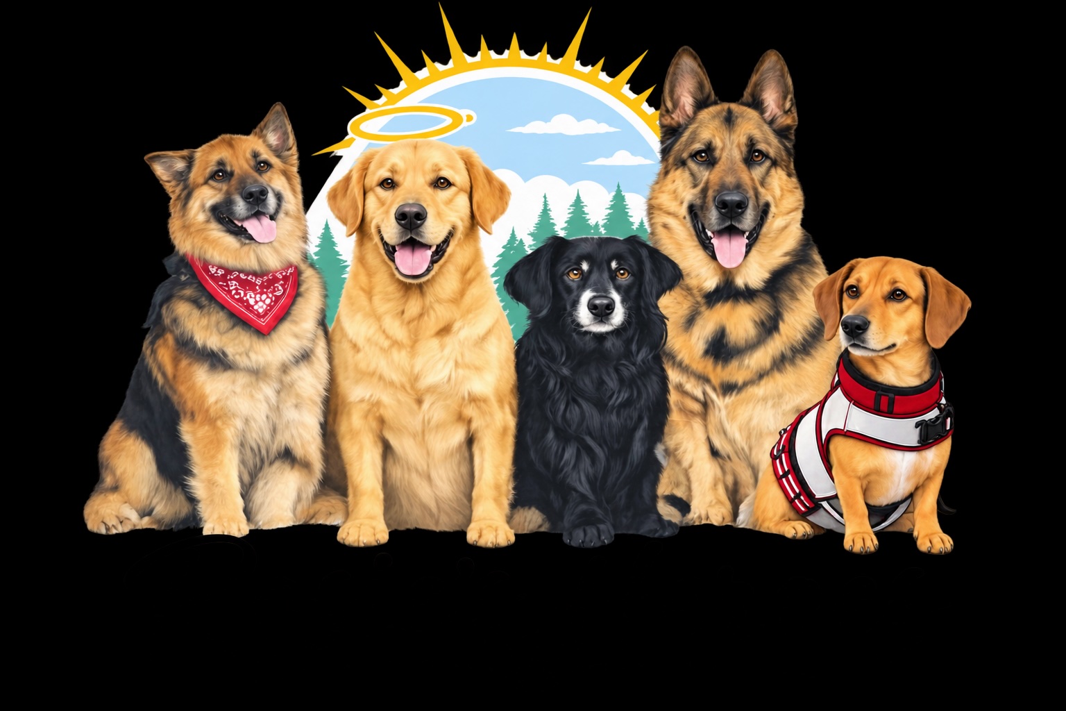 Rosie's Heroes logo featuring a group of dogs beneath a sun.